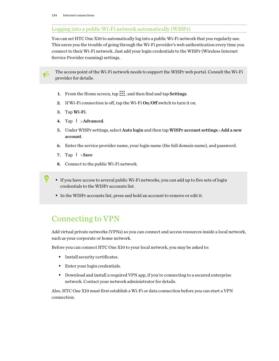 Connecting to vpn | HTC One X10 User Manual | Page 134 / 161