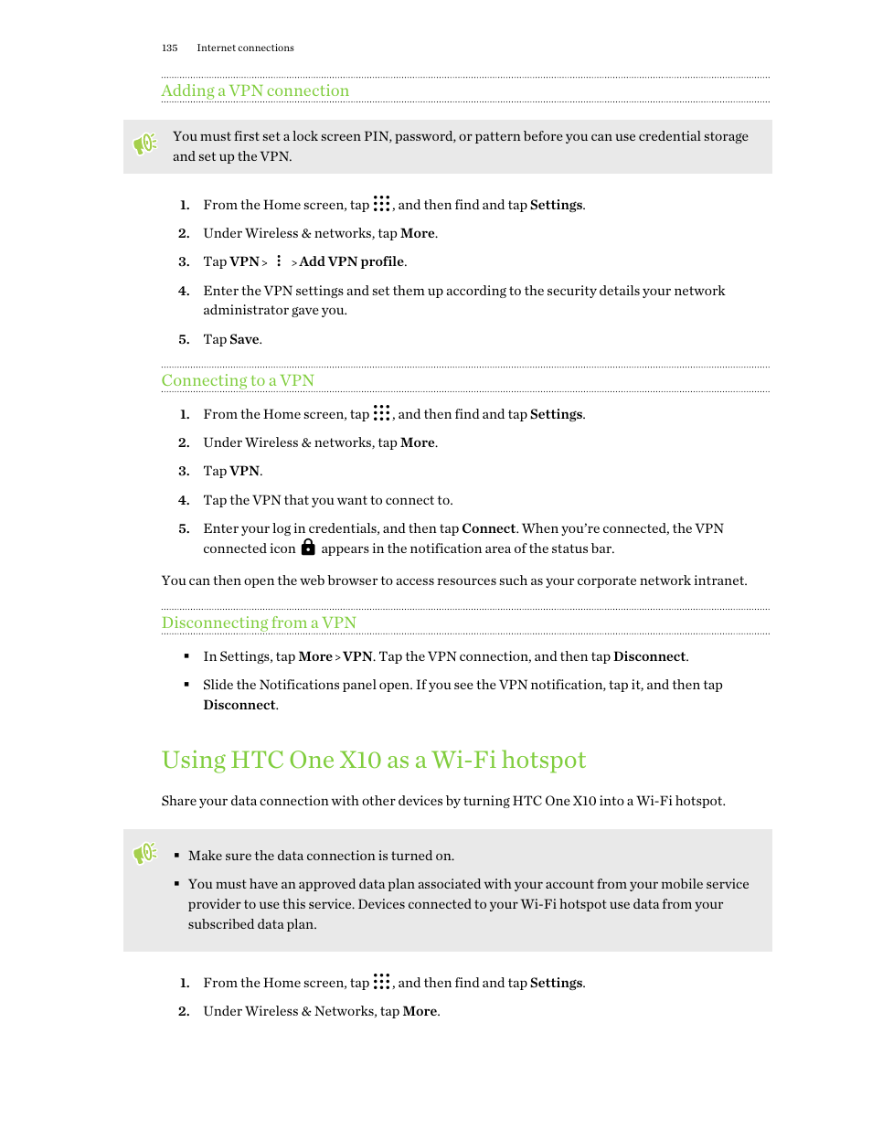 Adding a vpn connection, Connecting to a vpn, Disconnecting from a vpn | Using htc one x10 as a wi‍-fi hotspot, Using htc one x10 as a wi-fi hotspot | HTC One X10 User Manual | Page 135 / 161