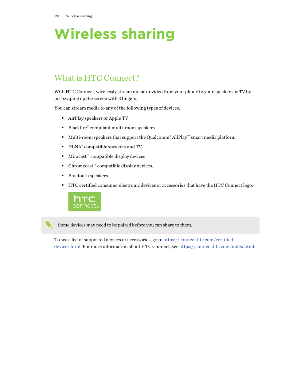 Wireless sharing, What is htc connect | HTC One X10 User Manual | Page 137 / 161