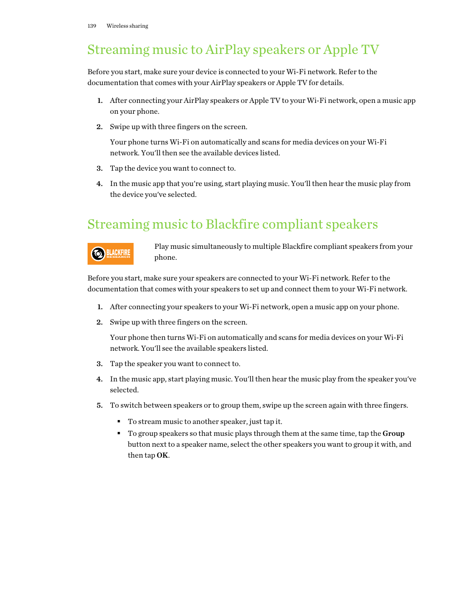 Streaming music to airplay speakers or apple tv, Streaming music to blackfire compliant speakers | HTC One X10 User Manual | Page 139 / 161