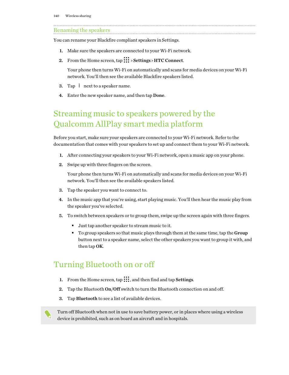 Renaming the speakers, Turning bluetooth on or off | HTC One X10 User Manual | Page 140 / 161