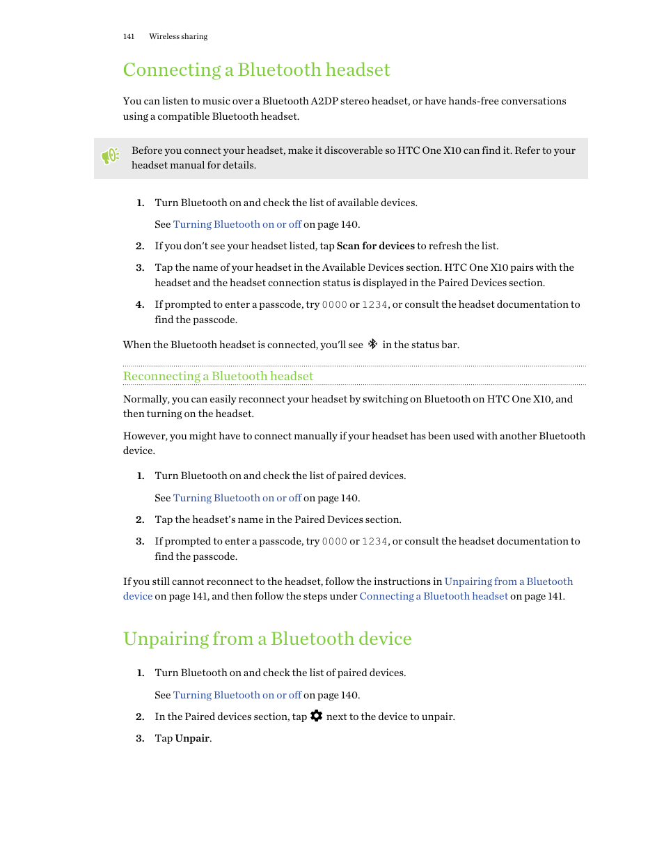 Connecting a bluetooth headset, Reconnecting a bluetooth headset, Unpairing from a bluetooth device | HTC One X10 User Manual | Page 141 / 161