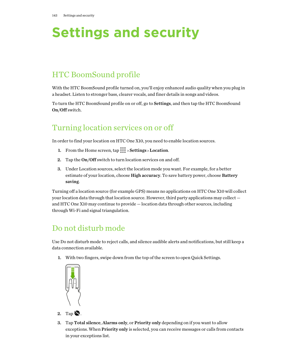 Settings and security, Htc boomsound profile, Turning location services on or off | Do not disturb mode, Turning location, Services on or off, Turning location services on, Or off, Location-based apps. see, For more details, see | HTC One X10 User Manual | Page 143 / 161