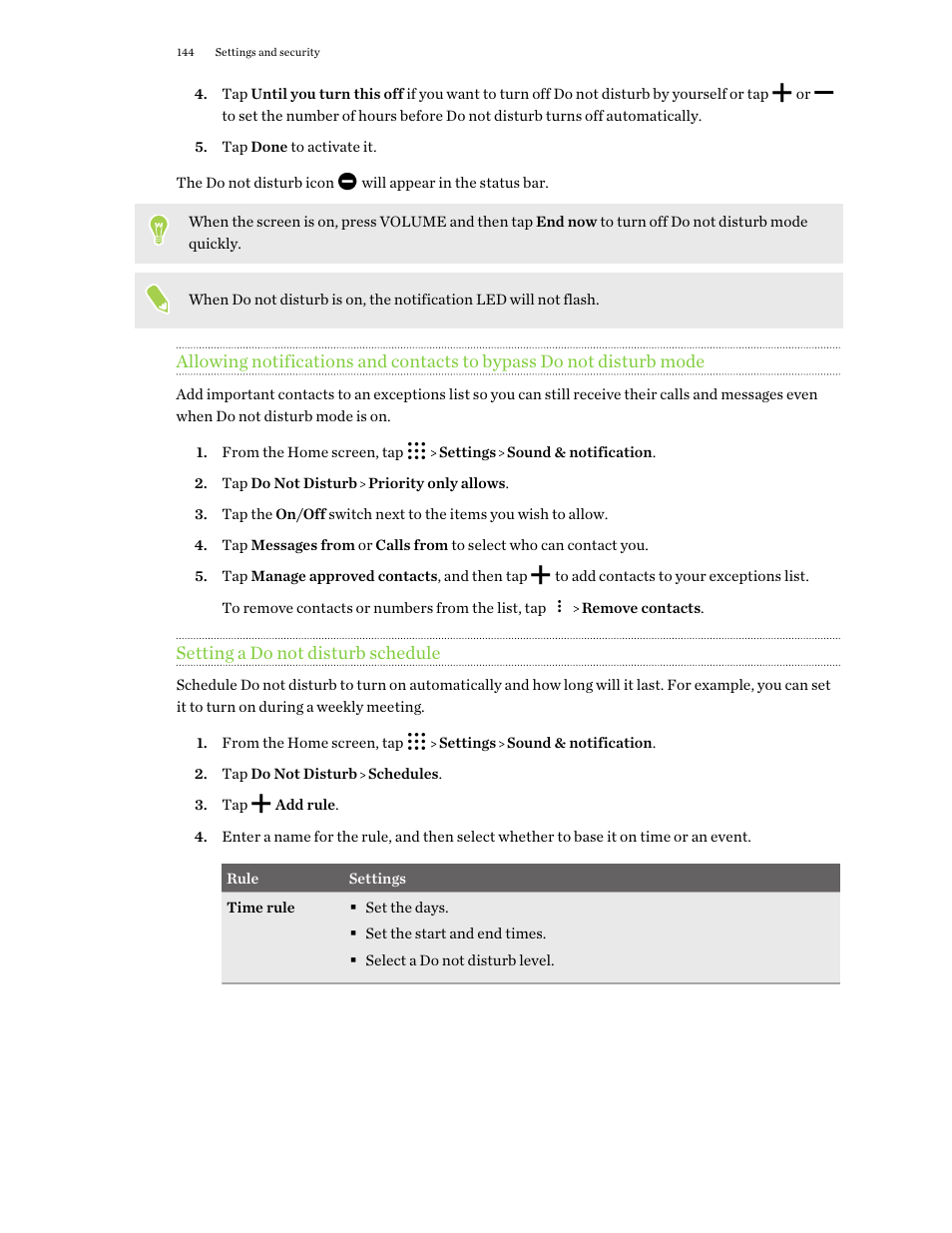 Setting a do not disturb schedule | HTC One X10 User Manual | Page 144 / 161