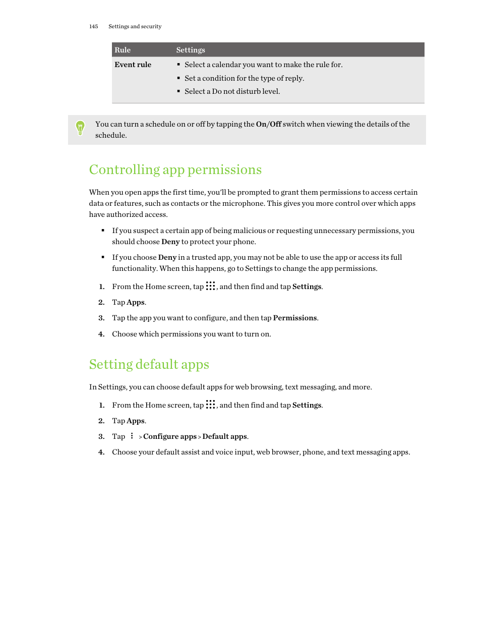 Controlling app permissions, Setting default apps, 145 and | HTC One X10 User Manual | Page 145 / 161