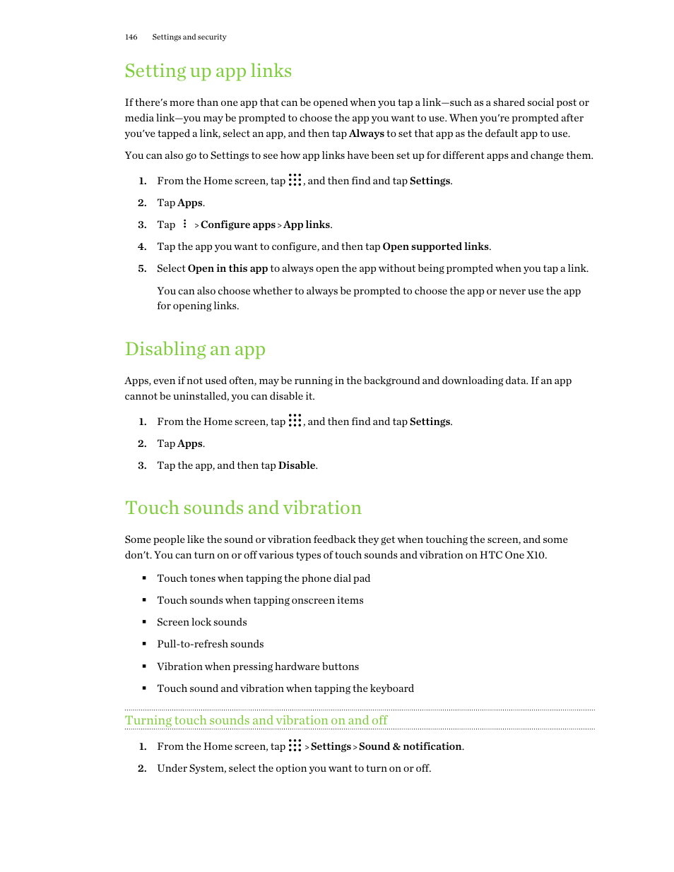Setting up app links, Disabling an app, Touch sounds and vibration | Turning touch sounds and vibration on and off, Continuously running or syncing data. see | HTC One X10 User Manual | Page 146 / 161