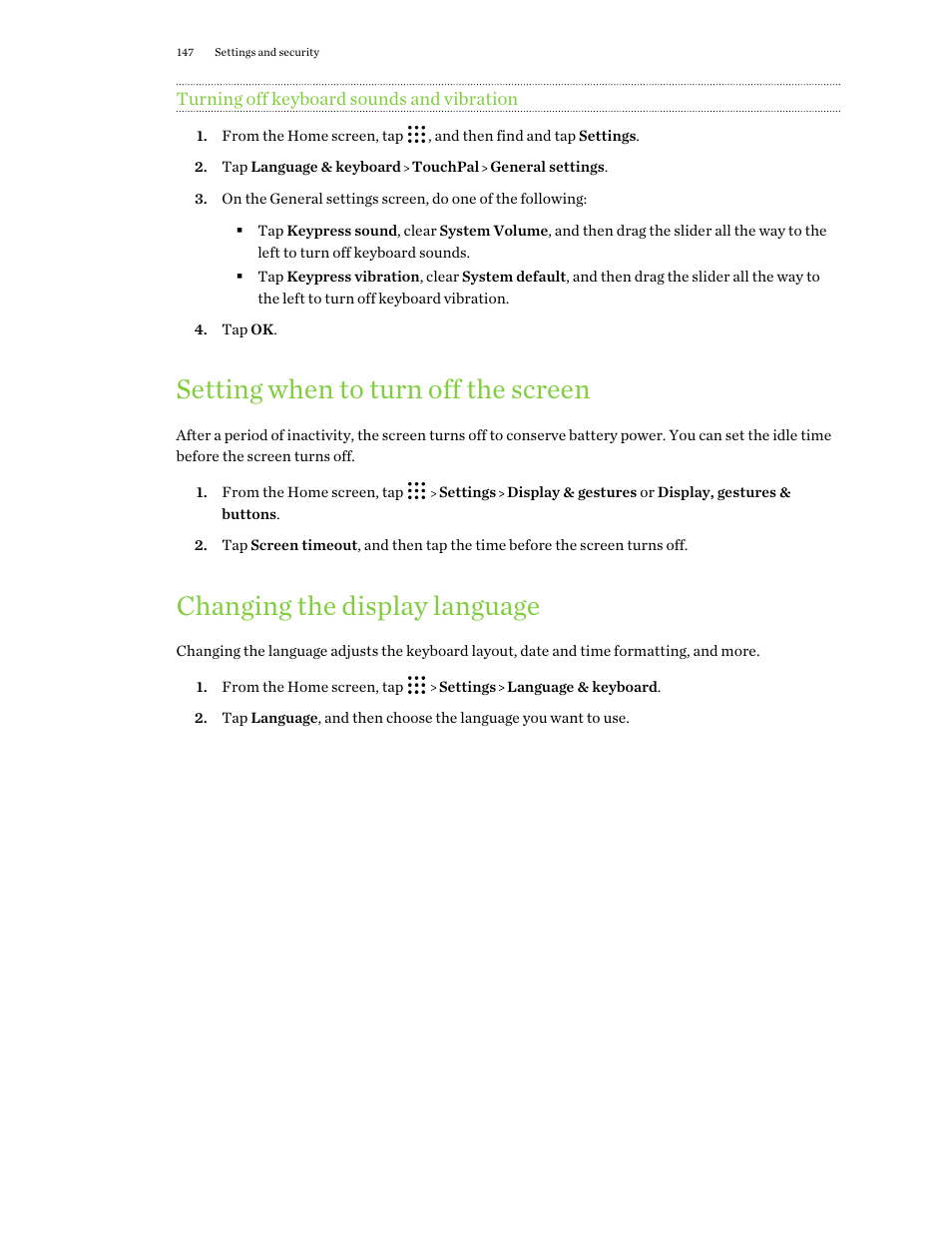 Turning off keyboard sounds and vibration, Setting when to turn off the screen, Changing the display language | Setting when to, Turn off the screen | HTC One X10 User Manual | Page 147 / 161