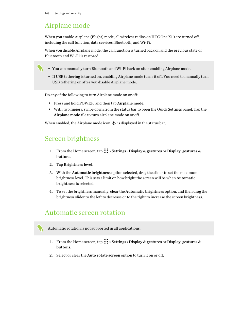 Airplane mode, Screen brightness, Automatic screen rotation | HTC One X10 User Manual | Page 148 / 161