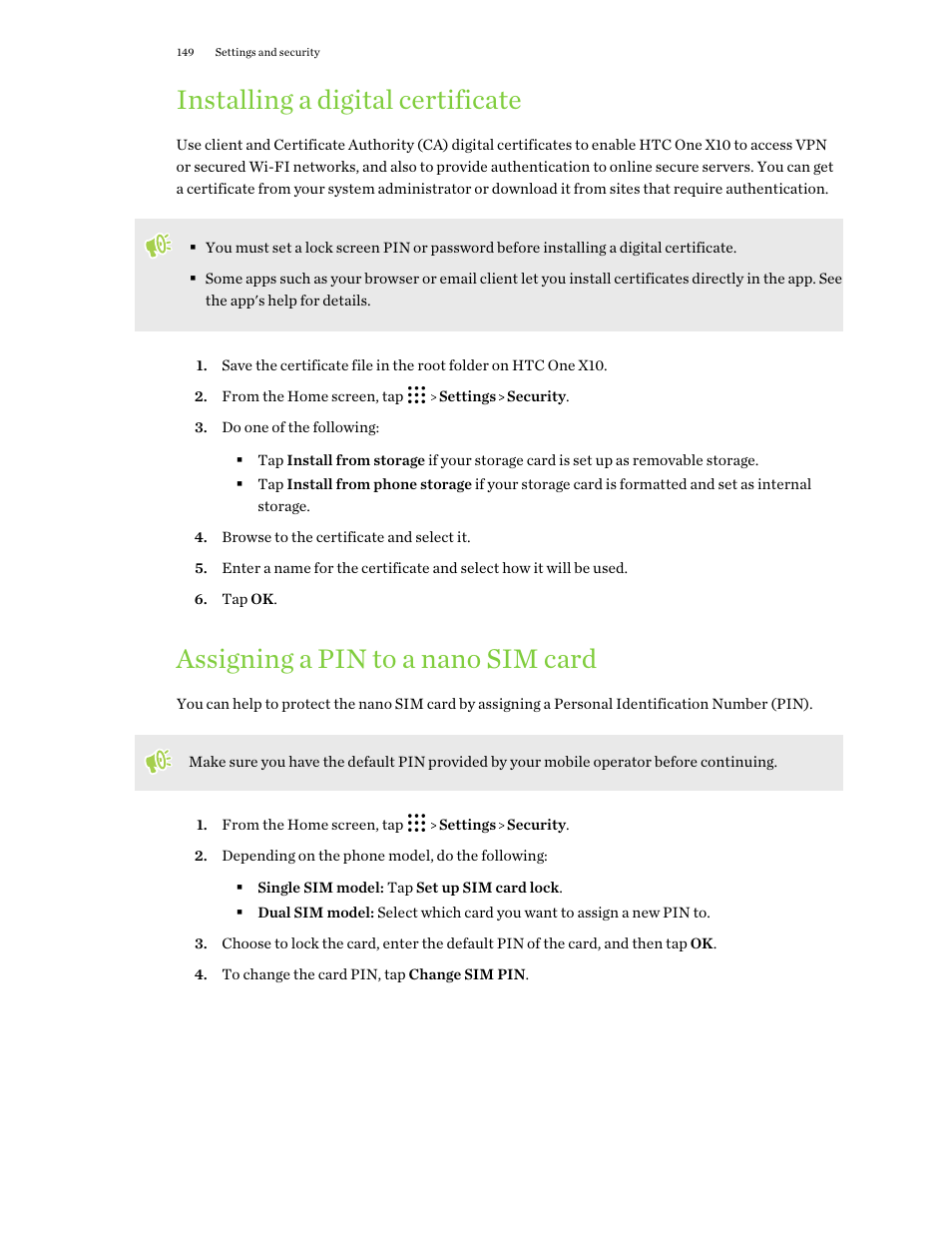 Installing a digital certificate, Assigning a pin to a nano sim card | HTC One X10 User Manual | Page 149 / 161