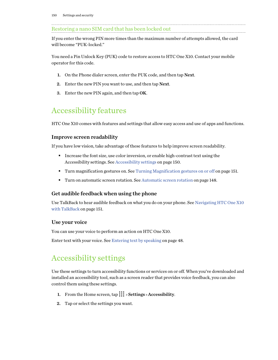 Restoring a nano sim card that has been locked out, Accessibility features, Accessibility settings | HTC One X10 User Manual | Page 150 / 161