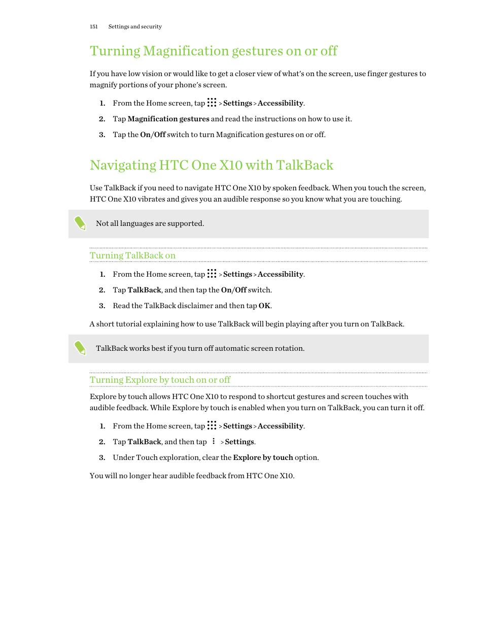 Turning magnification gestures on or off, Navigating htc one x10 with talkback, Turning talkback on | Turning explore by touch on or off, Turn magnification gestures on. see, Navigating htc one x10, With talkback | HTC One X10 User Manual | Page 151 / 161