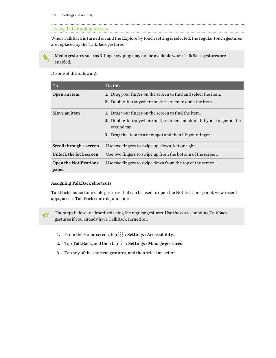 Using talkback gestures, Assigning talkback shortcuts | HTC One X10 User Manual | Page 152 / 161