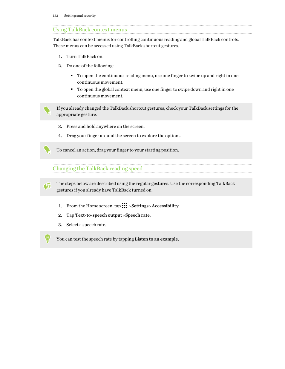 Using talkback context menus, Changing the talkback reading speed | HTC One X10 User Manual | Page 153 / 161