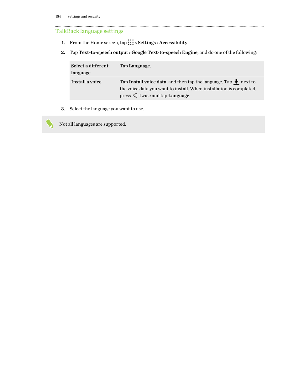 Talkback language settings | HTC One X10 User Manual | Page 154 / 161
