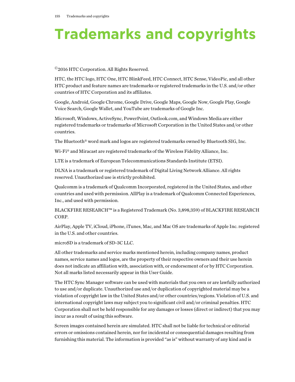 Trademarks and copyrights | HTC One X10 User Manual | Page 155 / 161