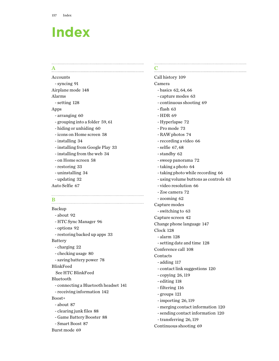 Index | HTC One X10 User Manual | Page 157 / 161