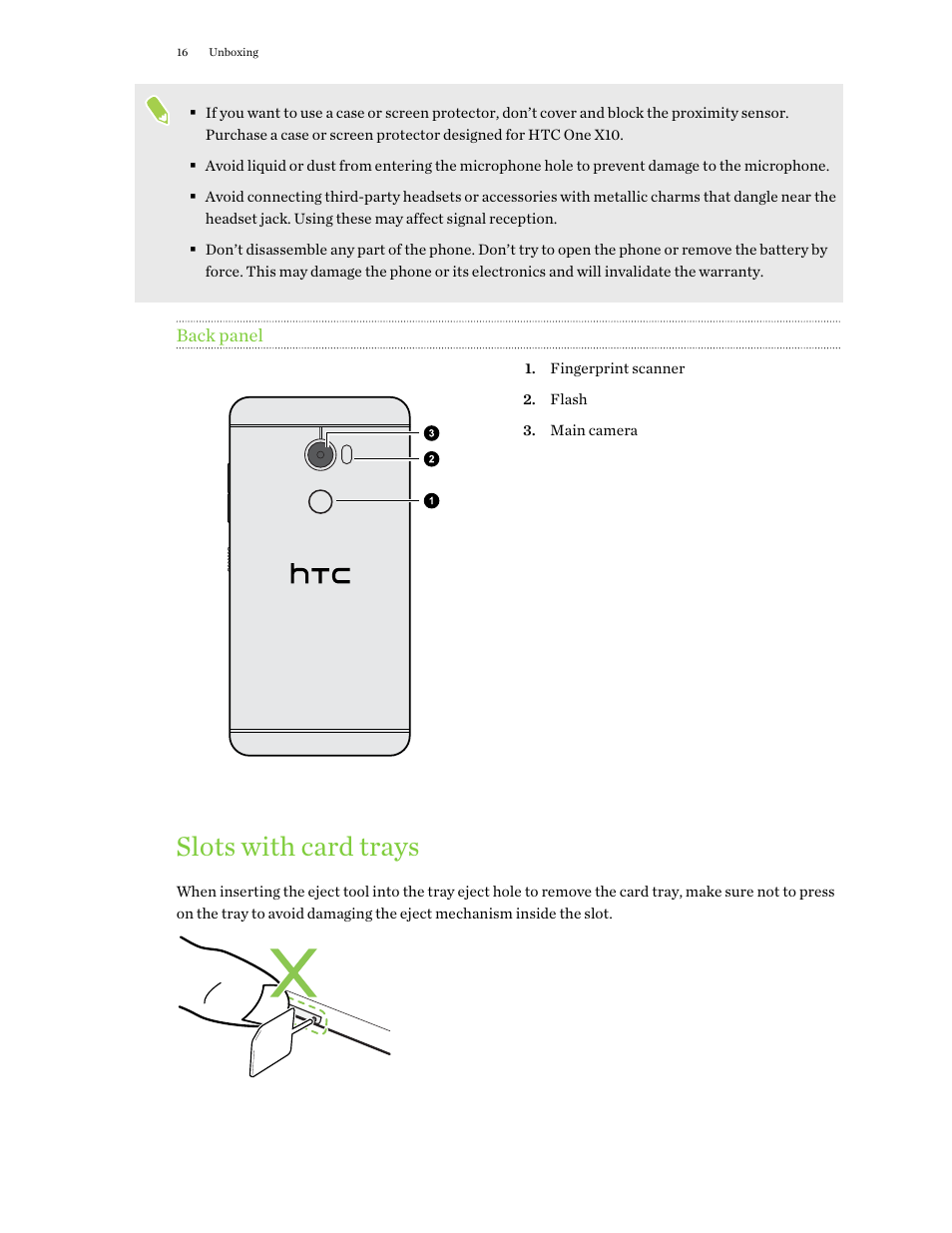 Back panel, Slots with card trays | HTC One X10 User Manual | Page 16 / 161