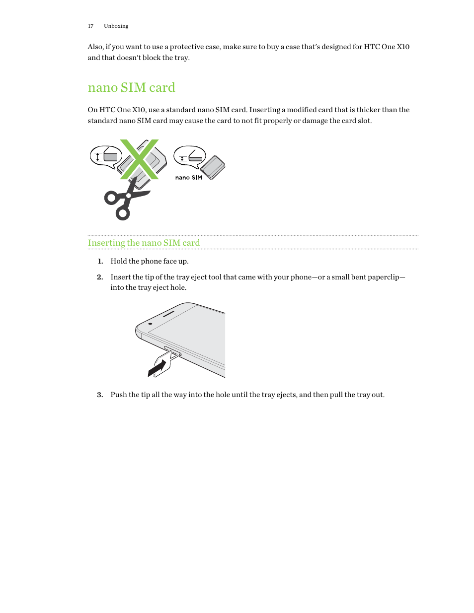 Nano sim card, Inserting the nano sim card | HTC One X10 User Manual | Page 17 / 161