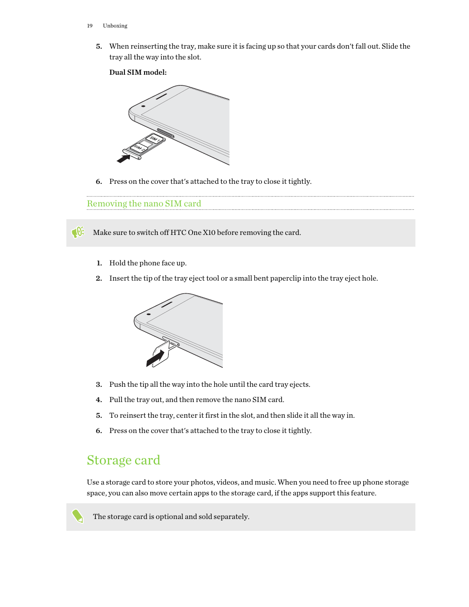 Removing the nano sim card, Storage card | HTC One X10 User Manual | Page 19 / 161