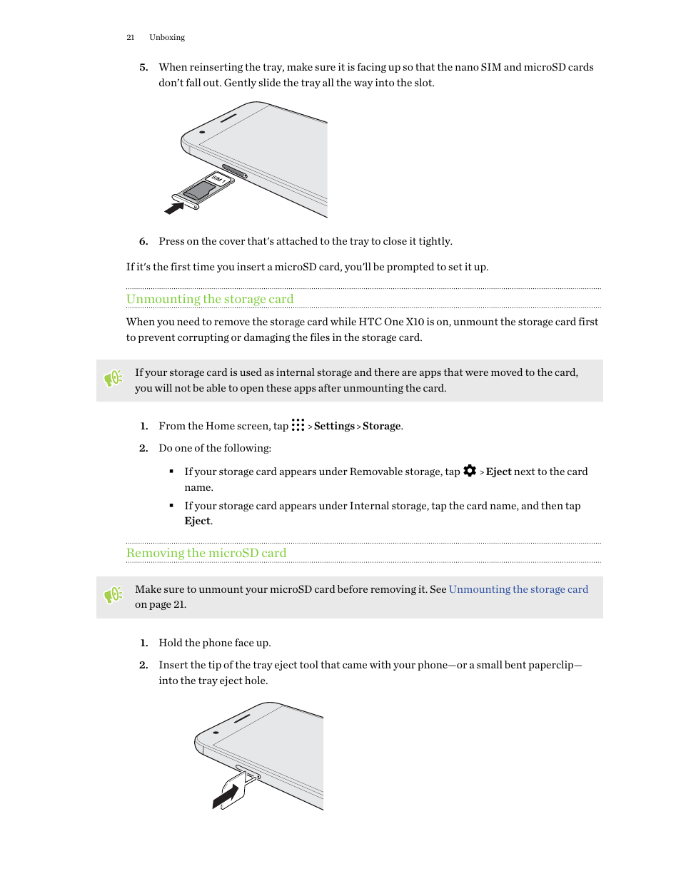 Unmounting the storage card, Removing the microsd card | HTC One X10 User Manual | Page 21 / 161