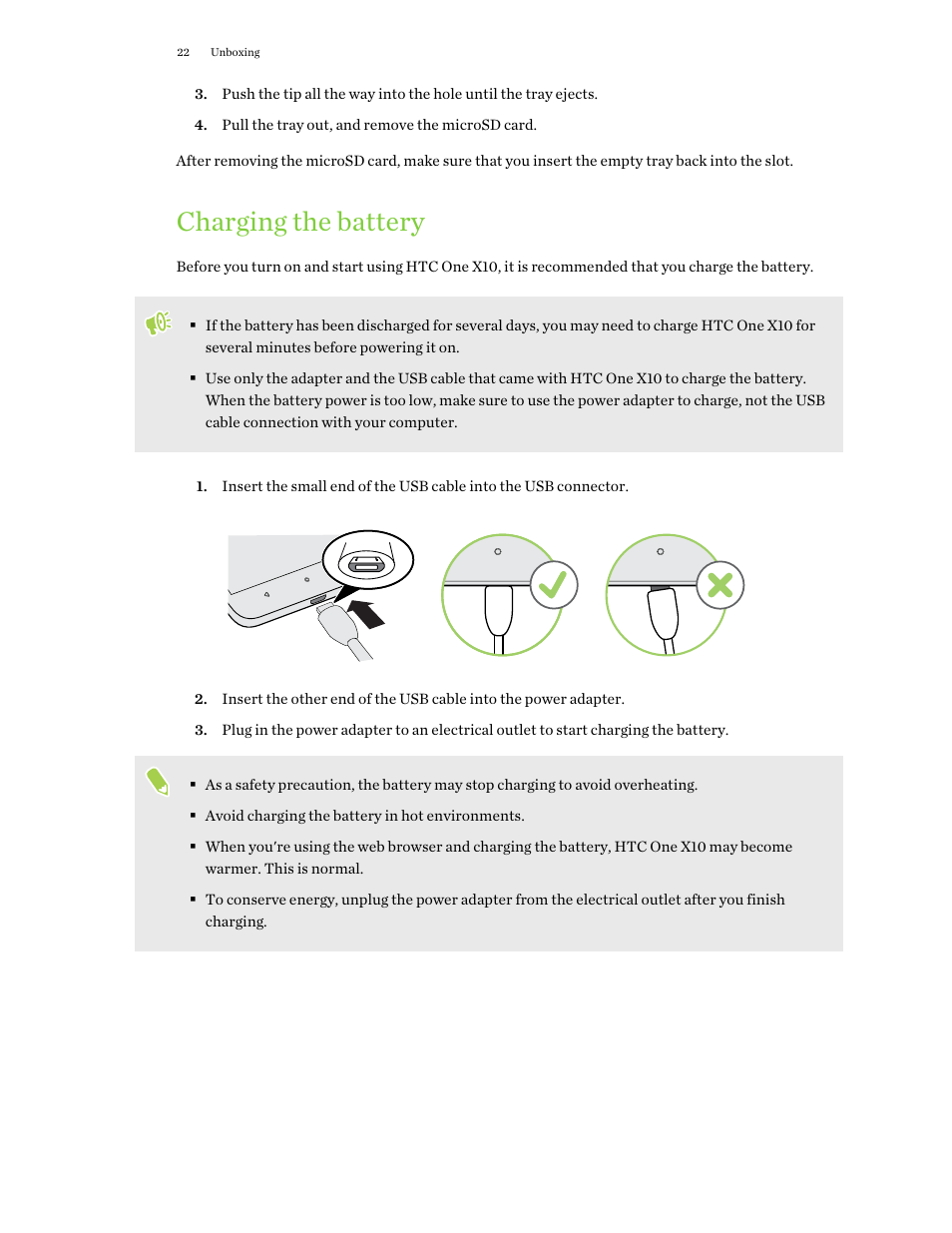 Charging the battery | HTC One X10 User Manual | Page 22 / 161