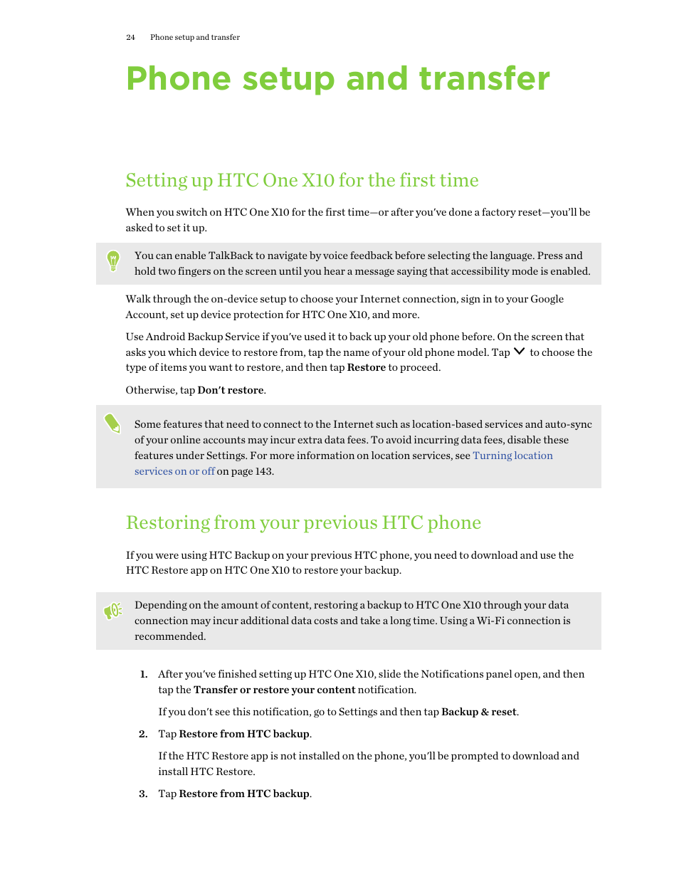 Phone setup and transfer, Setting up htc one x10 for the first time, Restoring from your previous htc phone | HTC One X10 User Manual | Page 24 / 161