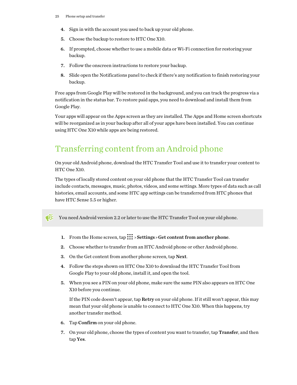 Transferring content from an android phone | HTC One X10 User Manual | Page 25 / 161