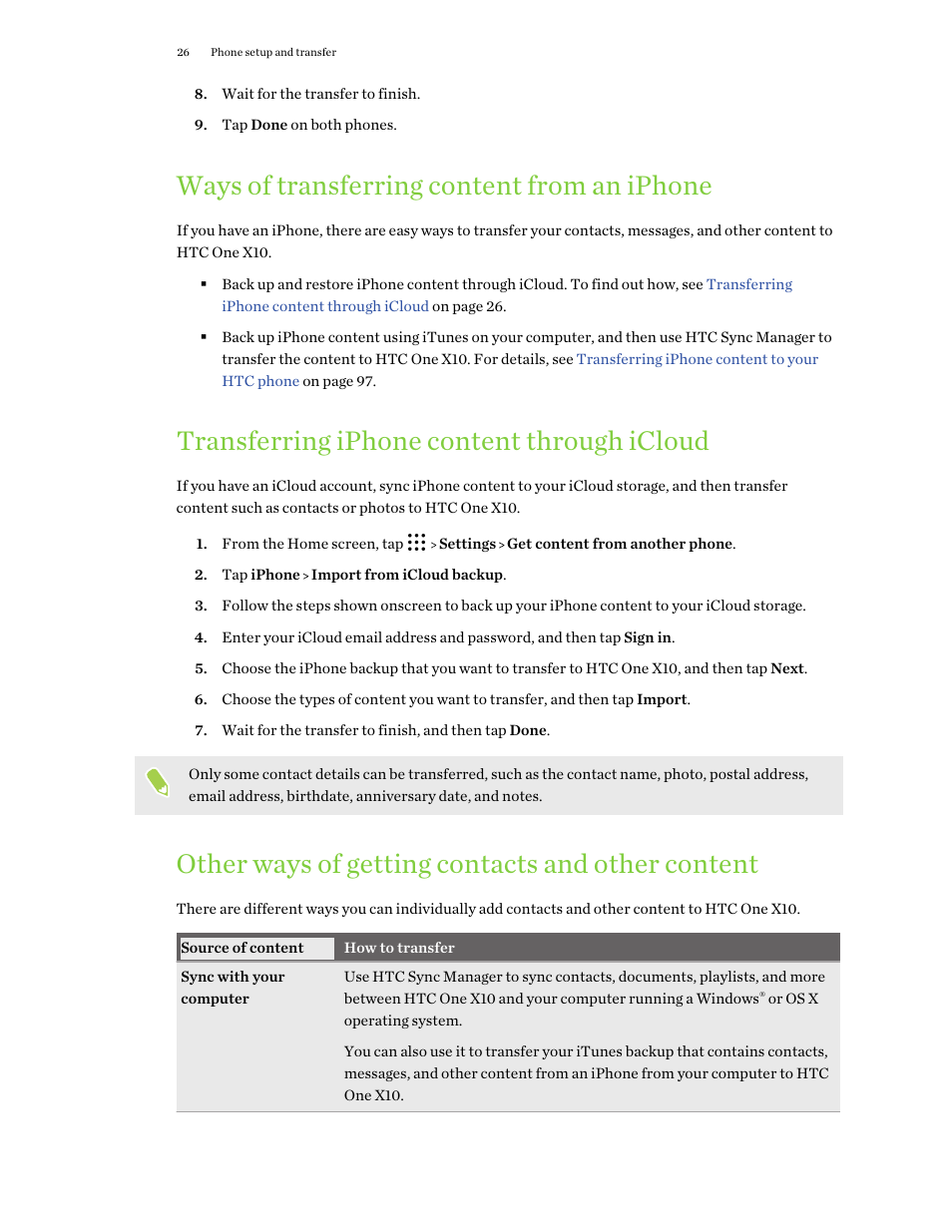 Ways of transferring content from an iphone, Transferring iphone content through icloud, Other ways of getting contacts and other content | HTC One X10 User Manual | Page 26 / 161