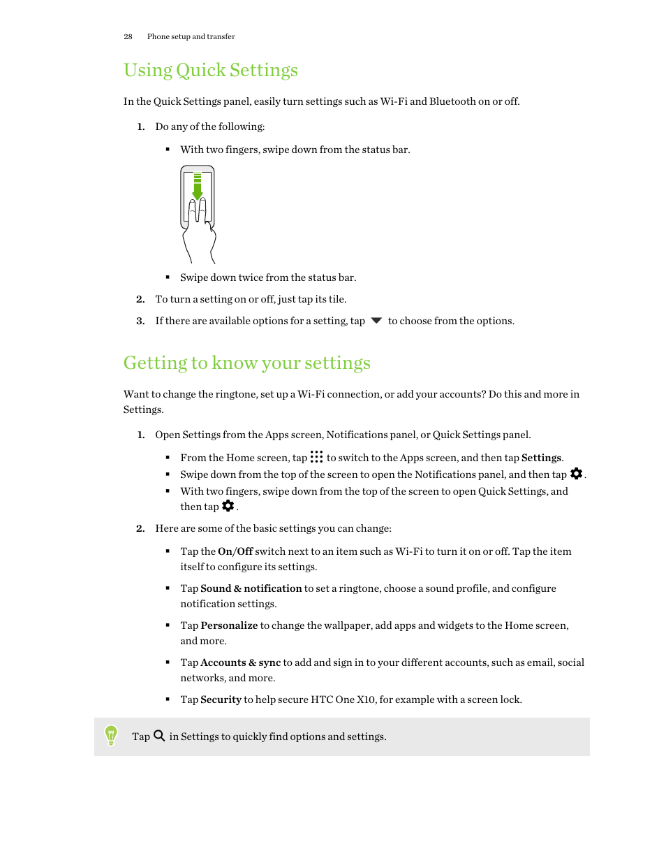 Using quick settings, Getting to know your settings | HTC One X10 User Manual | Page 28 / 161