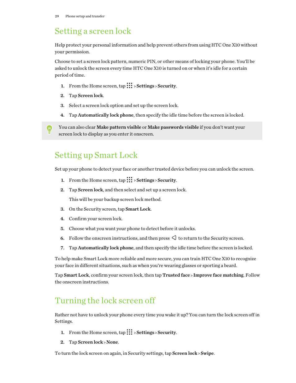 Setting a screen lock, Setting up smart lock, Turning the lock screen off | HTC One X10 User Manual | Page 29 / 161