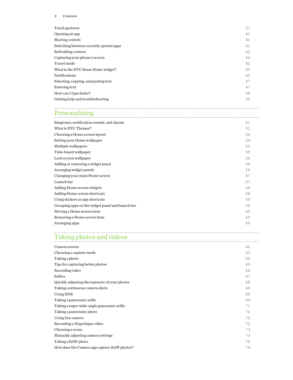 Personalizing, Taking photos and videos | HTC One X10 User Manual | Page 3 / 161