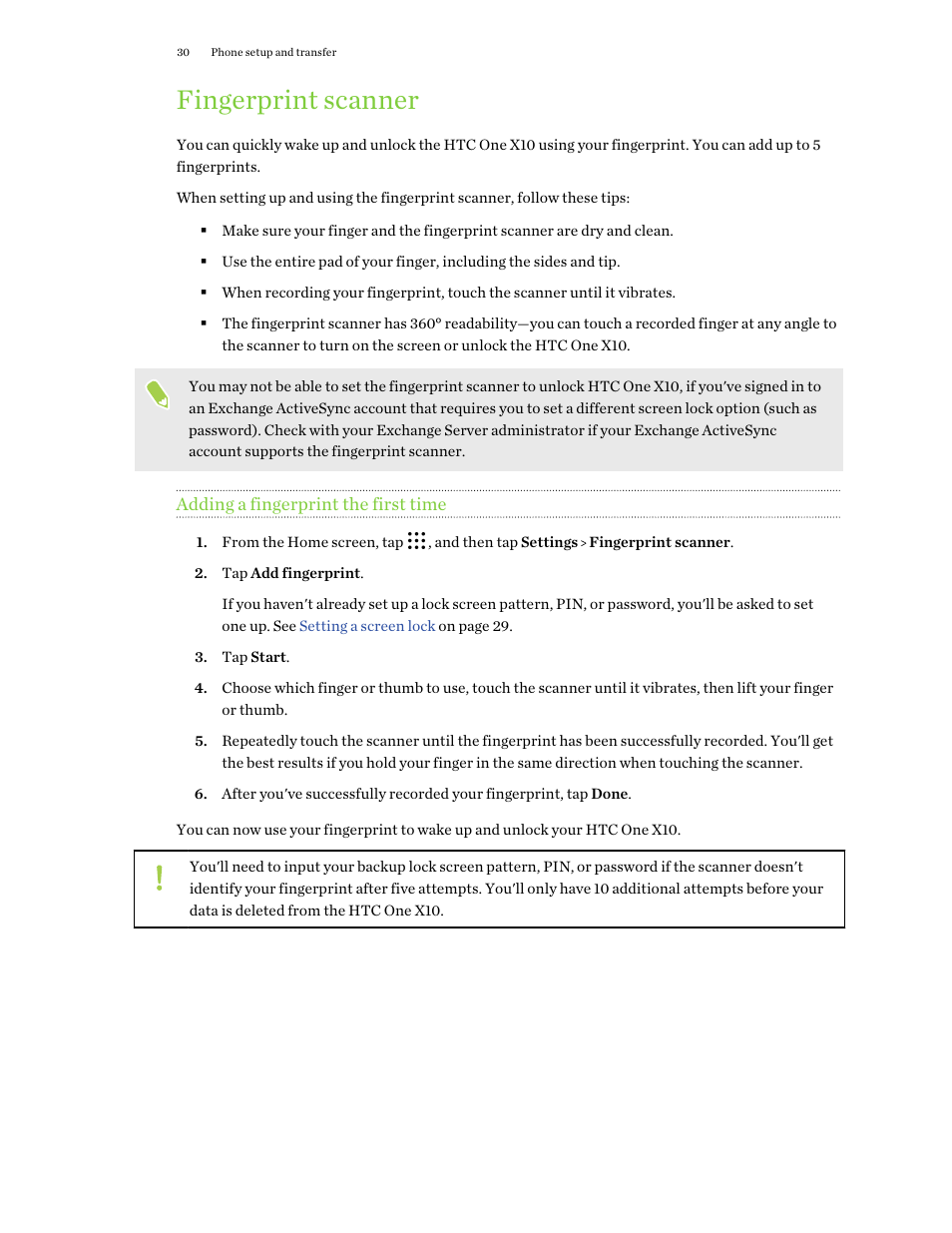 Fingerprint scanner, Adding a fingerprint the first time | HTC One X10 User Manual | Page 30 / 161