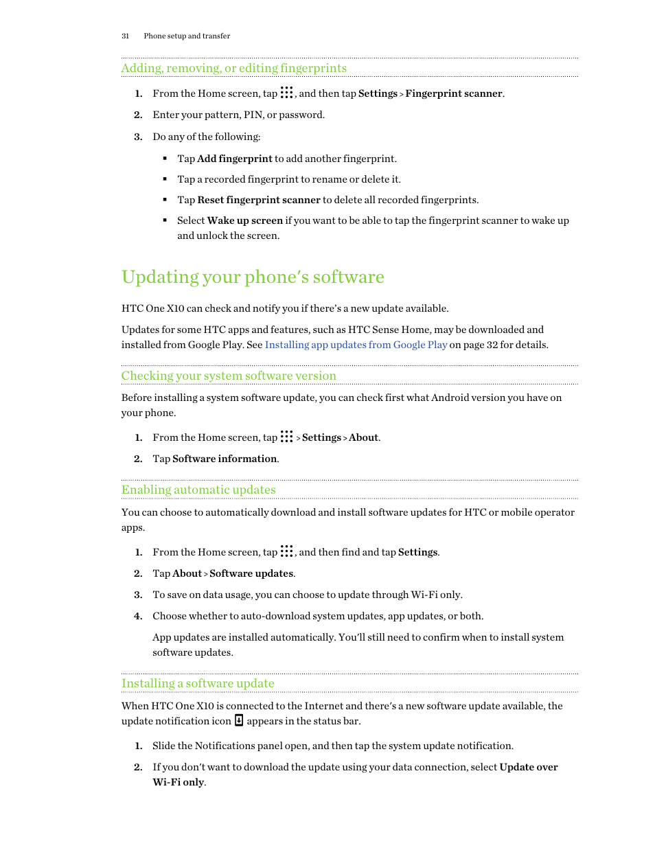 Adding, removing, or editing fingerprints, Updating your phone's software, Checking your system software version | Enabling automatic updates, Installing a software update | HTC One X10 User Manual | Page 31 / 161