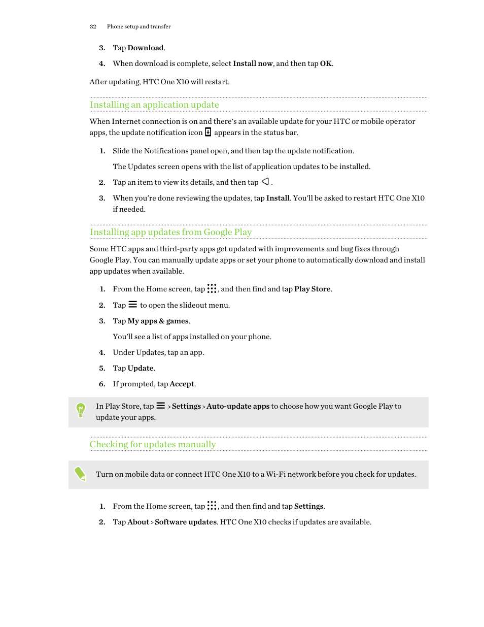 Installing an application update, Installing app updates from google play, Checking for updates manually | HTC One X10 User Manual | Page 32 / 161