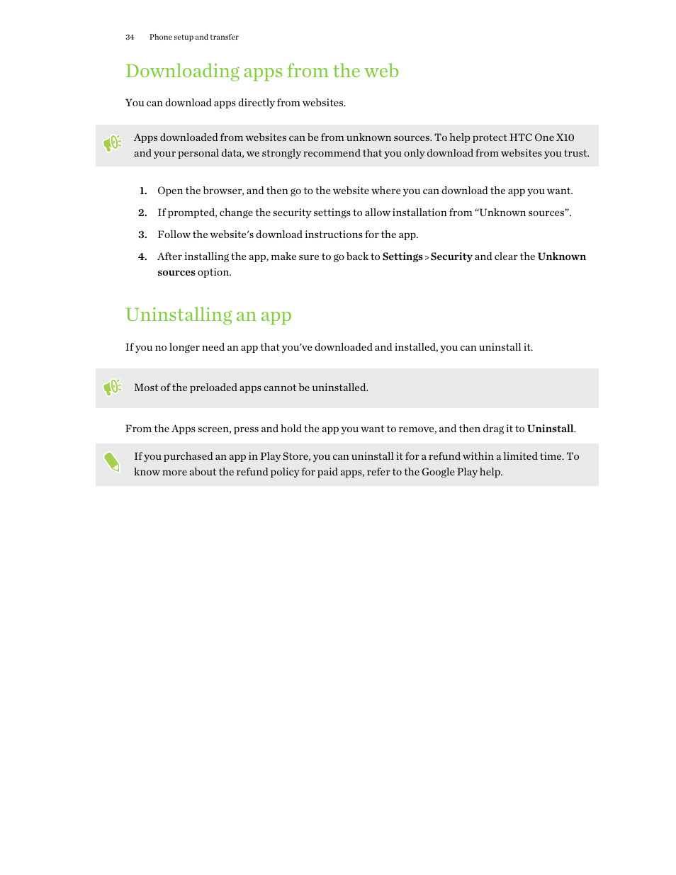 Downloading apps from the web, Uninstalling an app | HTC One X10 User Manual | Page 34 / 161