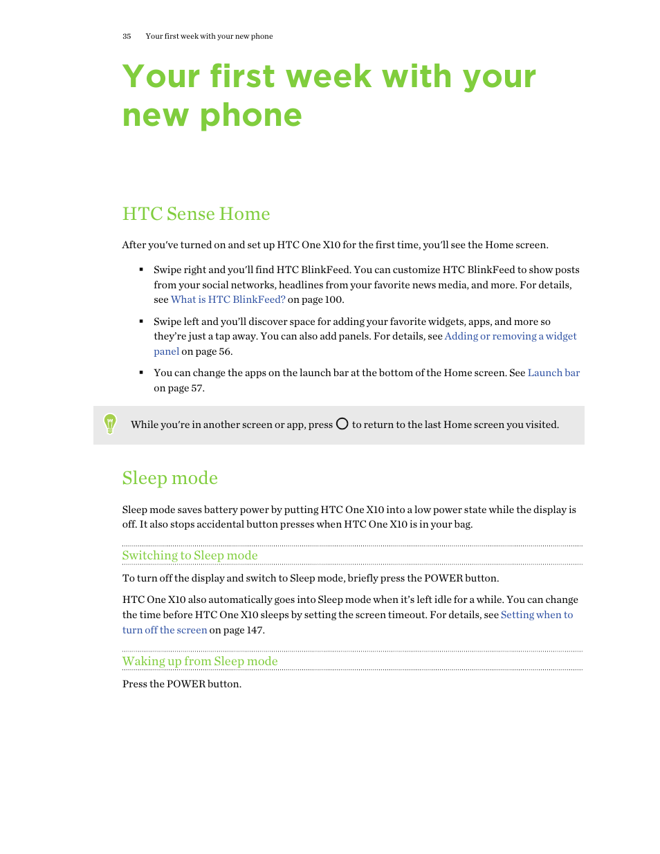 Your first week with your new phone, Htc sense home, Sleep mode | Switching to sleep mode, Waking up from sleep mode | HTC One X10 User Manual | Page 35 / 161