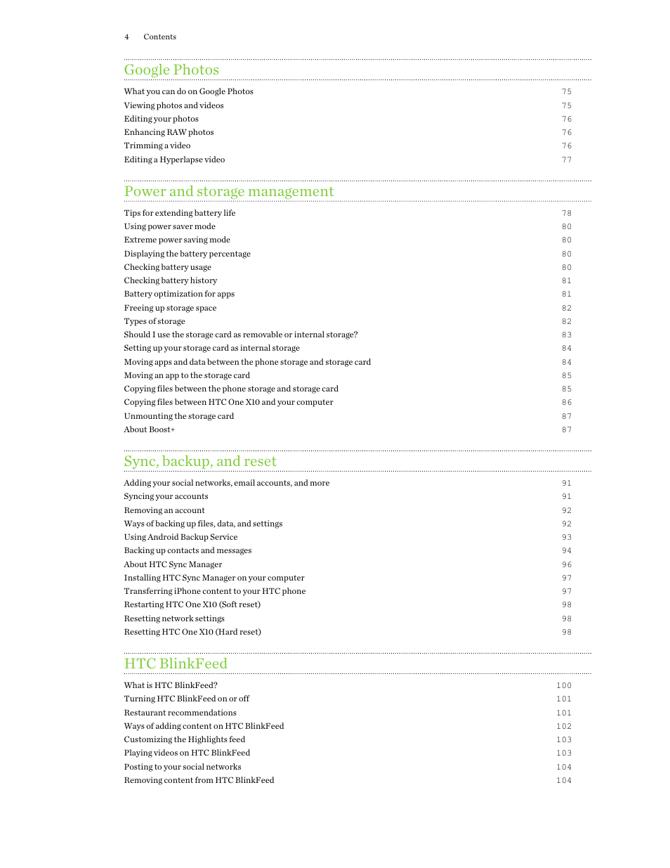 Google photos, Power and storage management, Sync, backup, and reset | Htc blinkfeed | HTC One X10 User Manual | Page 4 / 161