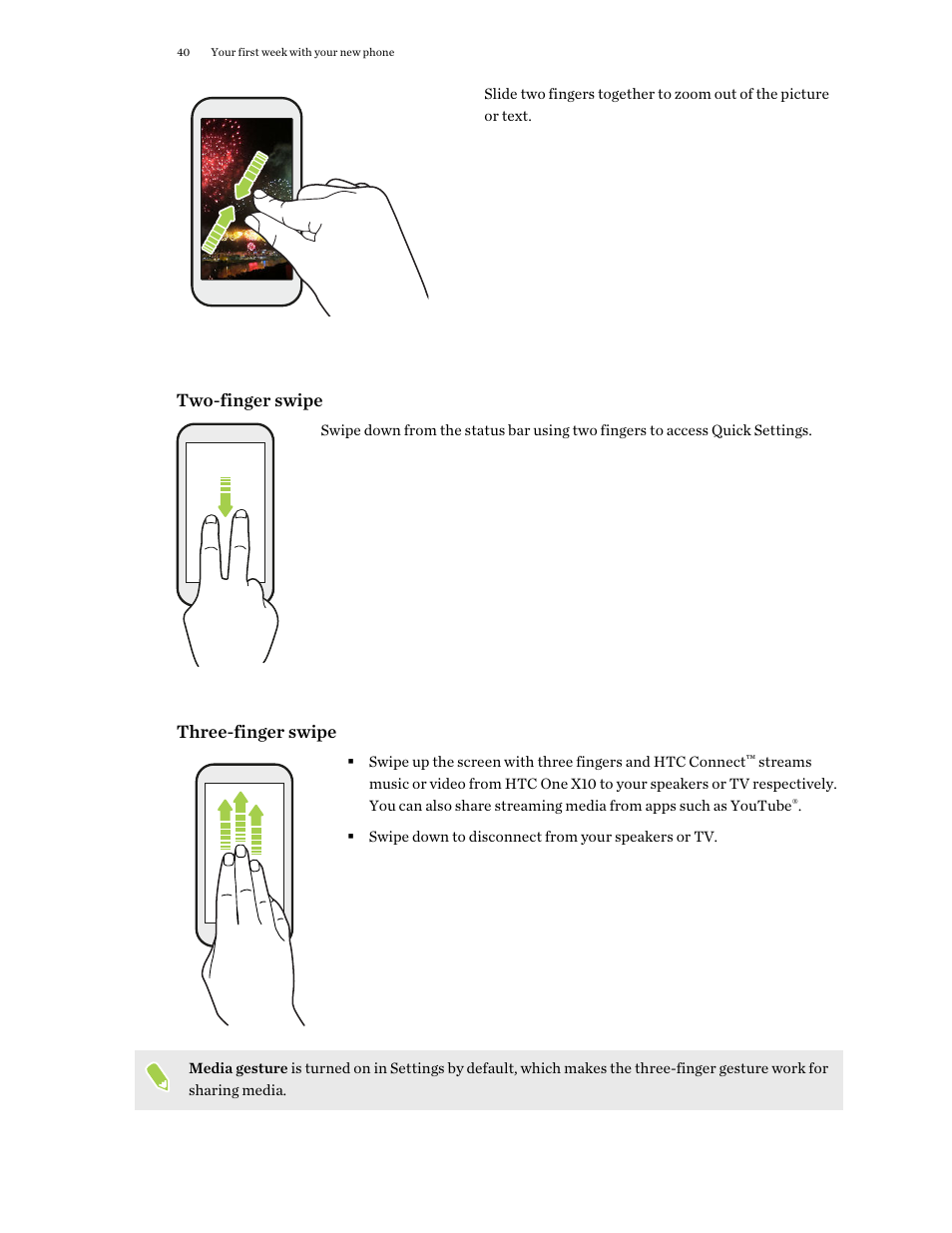 Two-finger swipe, Three-finger swipe | HTC One X10 User Manual | Page 40 / 161