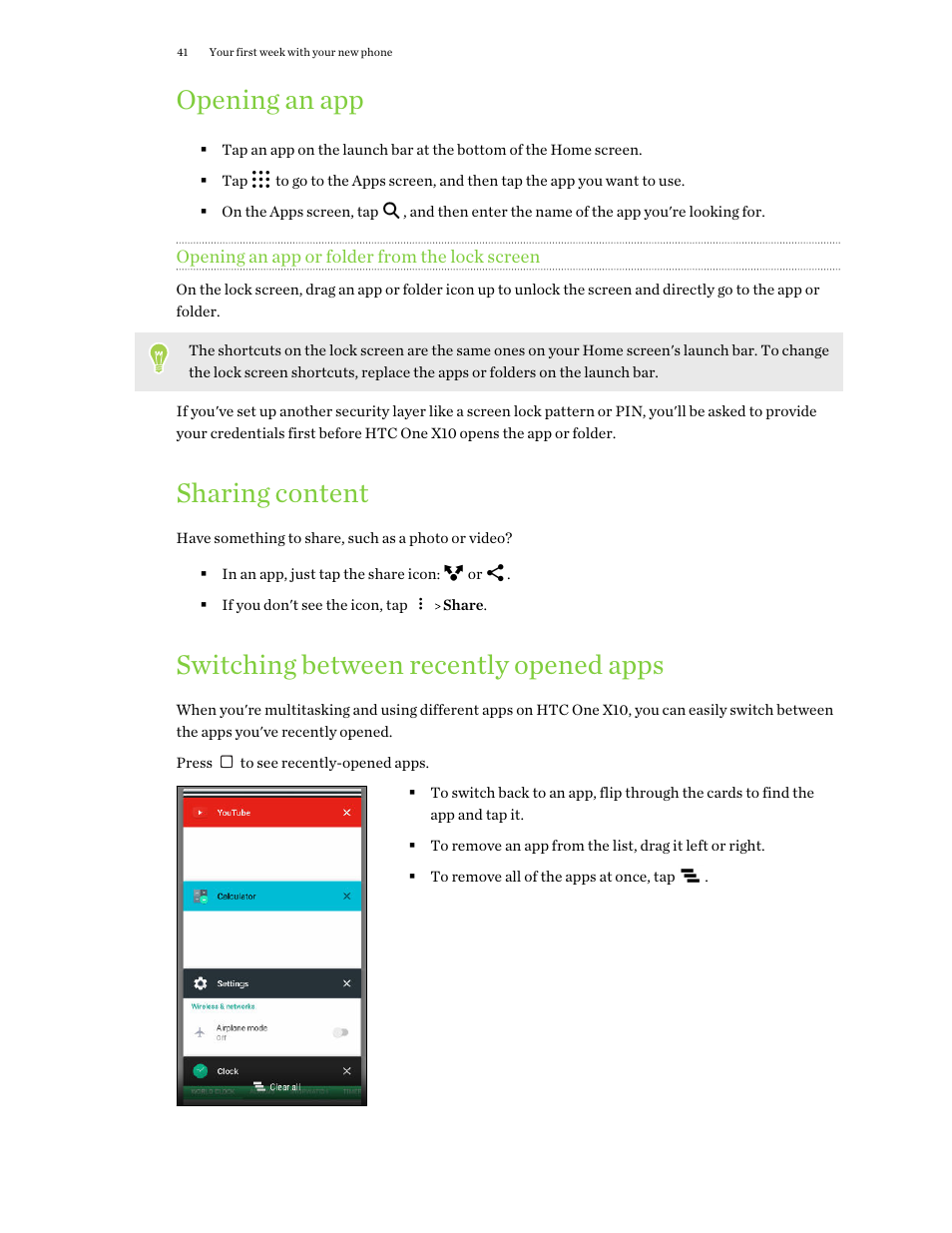 Opening an app, Opening an app or folder from the lock screen, Sharing content | Switching between recently opened apps | HTC One X10 User Manual | Page 41 / 161