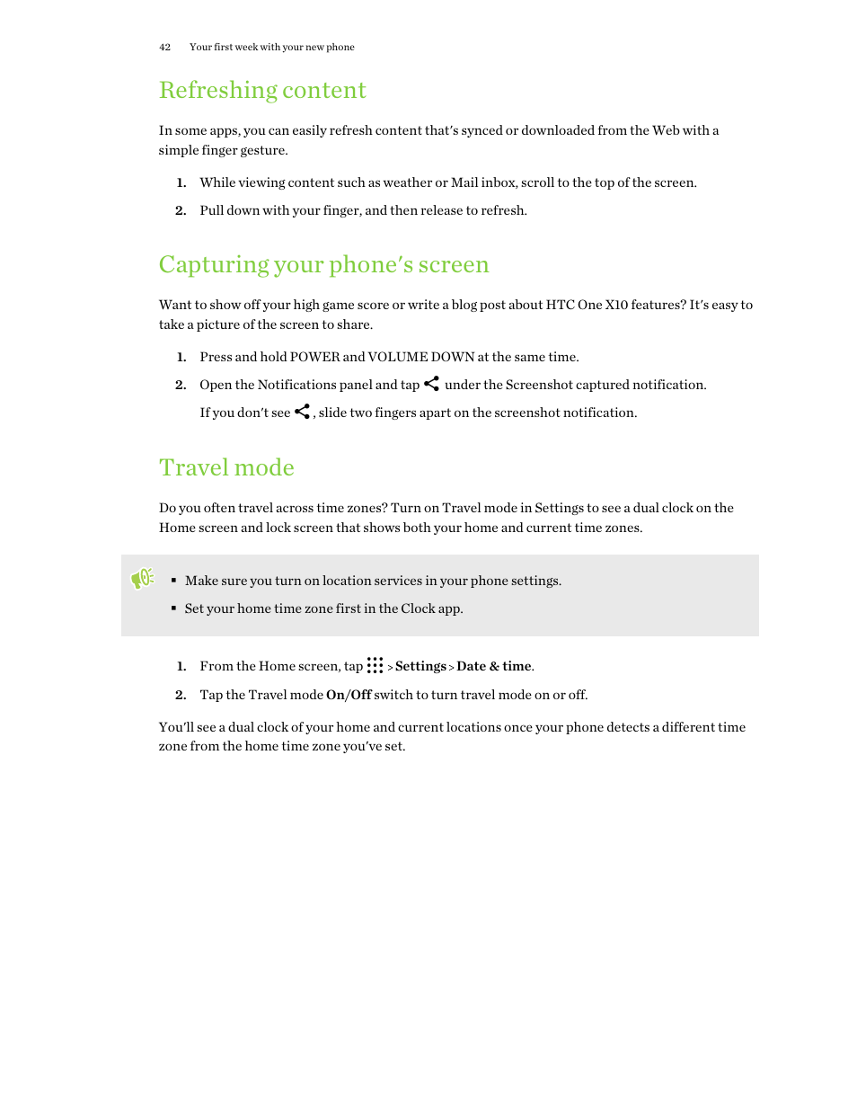 Refreshing content, Capturing your phone's screen, Travel mode | HTC One X10 User Manual | Page 42 / 161