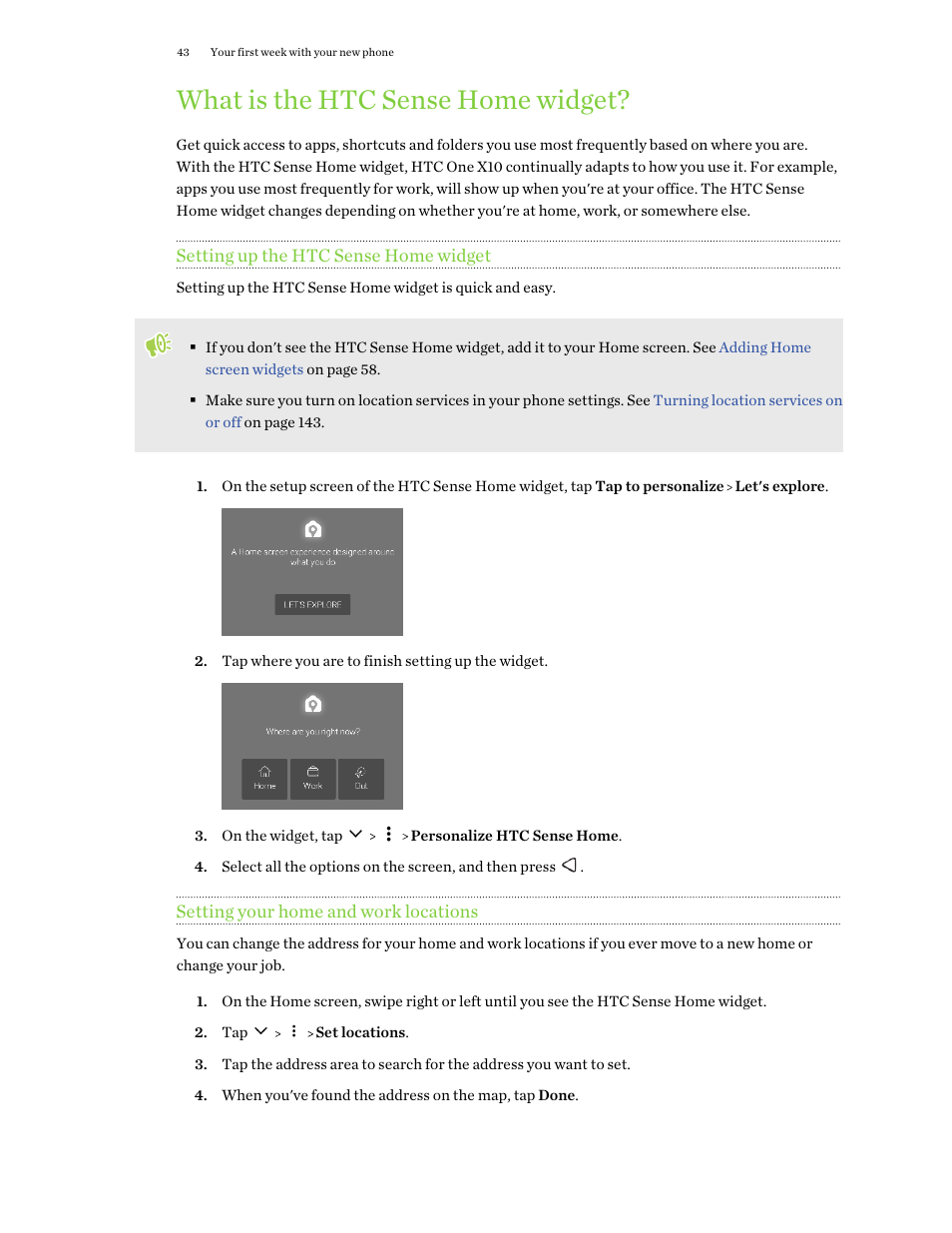 What is the htc sense home widget, Setting up the htc sense home widget, Setting your home and work locations | Work, and on the go. see | HTC One X10 User Manual | Page 43 / 161