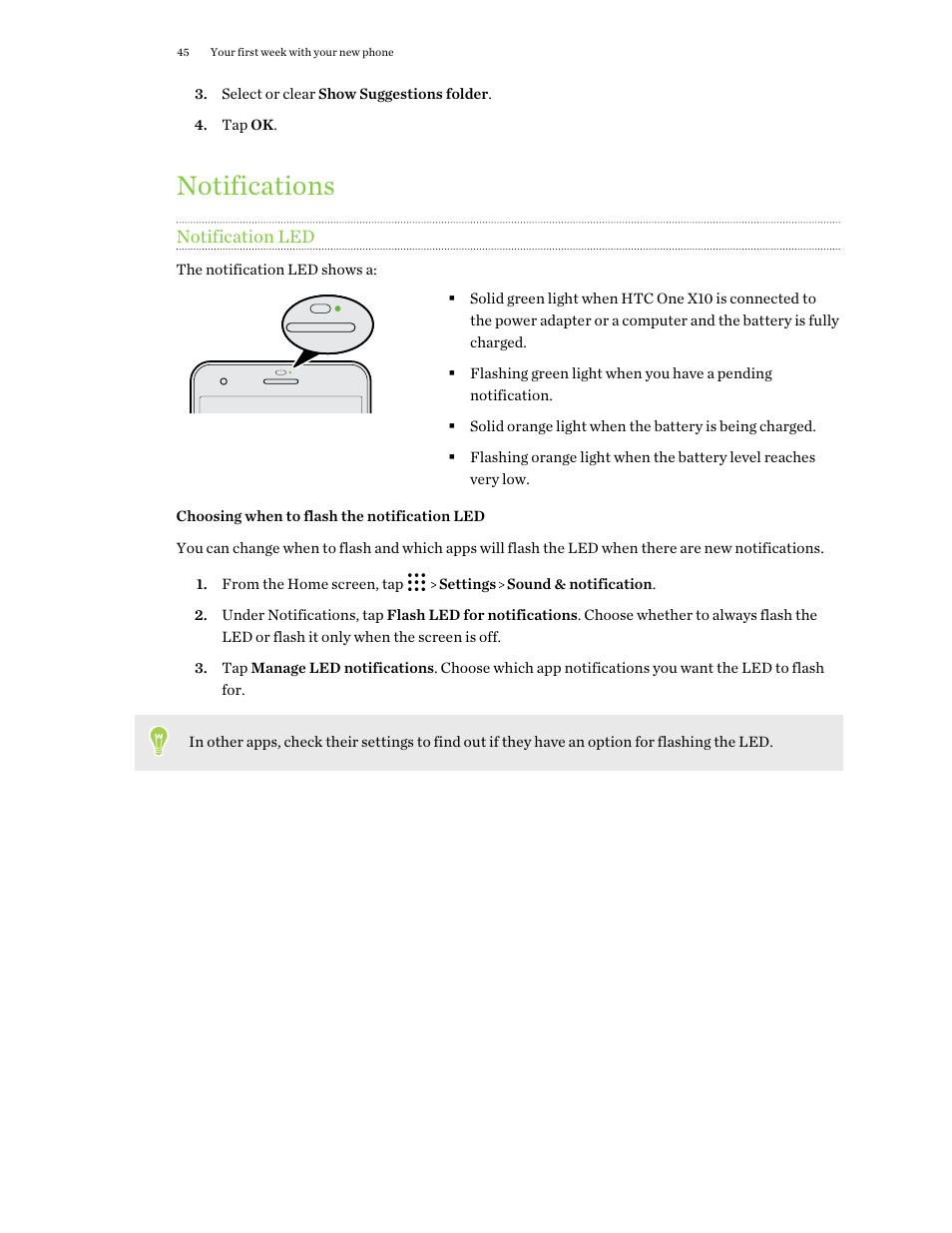 Notifications, Notification led, Choosing when to flash the notification led | HTC One X10 User Manual | Page 45 / 161