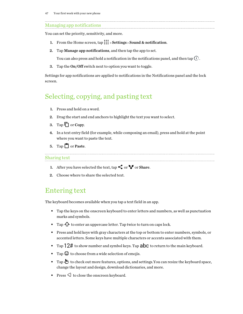 Managing app notifications, Selecting, copying, and pasting text, Sharing text | Entering text, To learn the basics of using the keyboard, see | HTC One X10 User Manual | Page 47 / 161