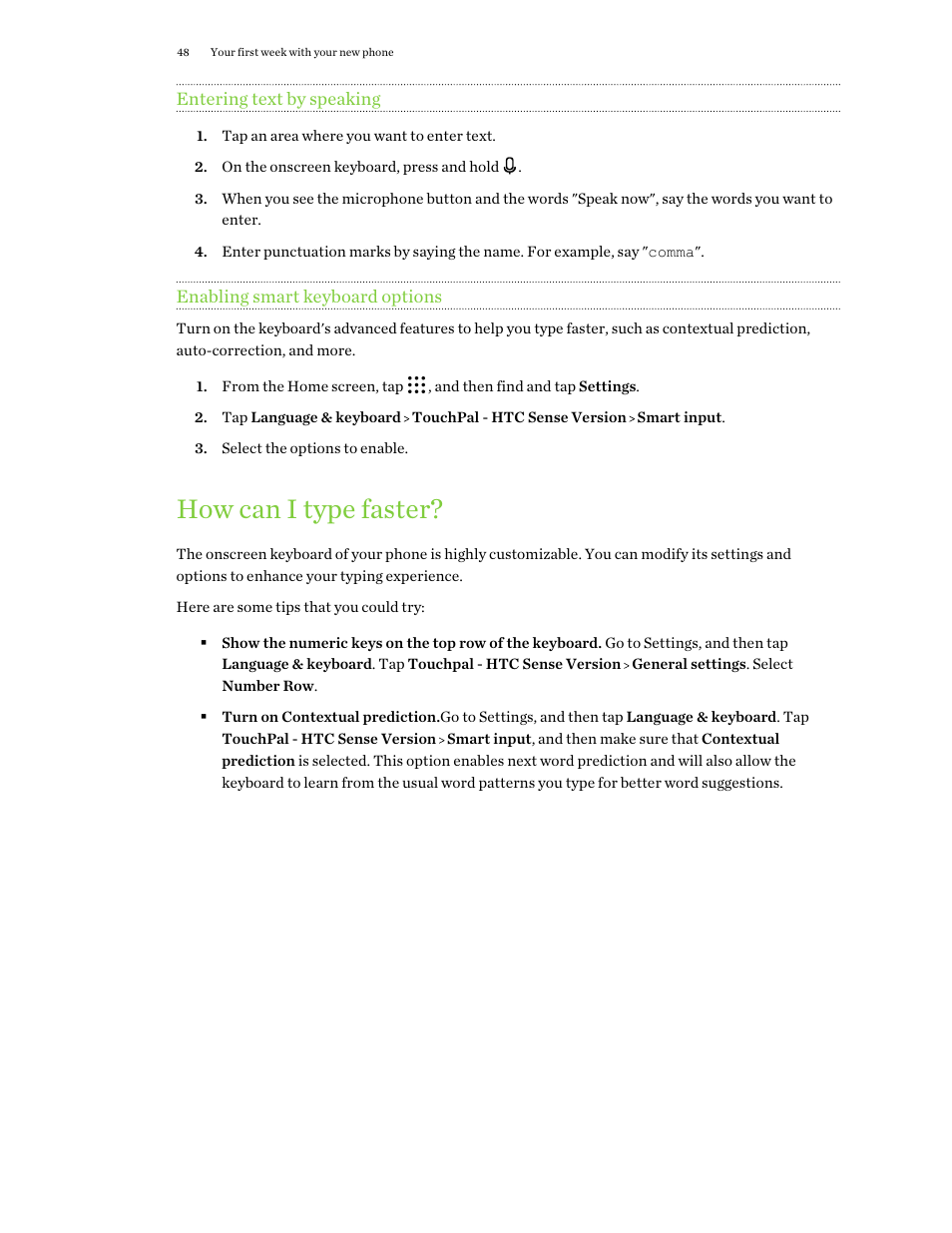 Entering text by speaking, Enabling smart keyboard options, How can i type faster | HTC One X10 User Manual | Page 48 / 161