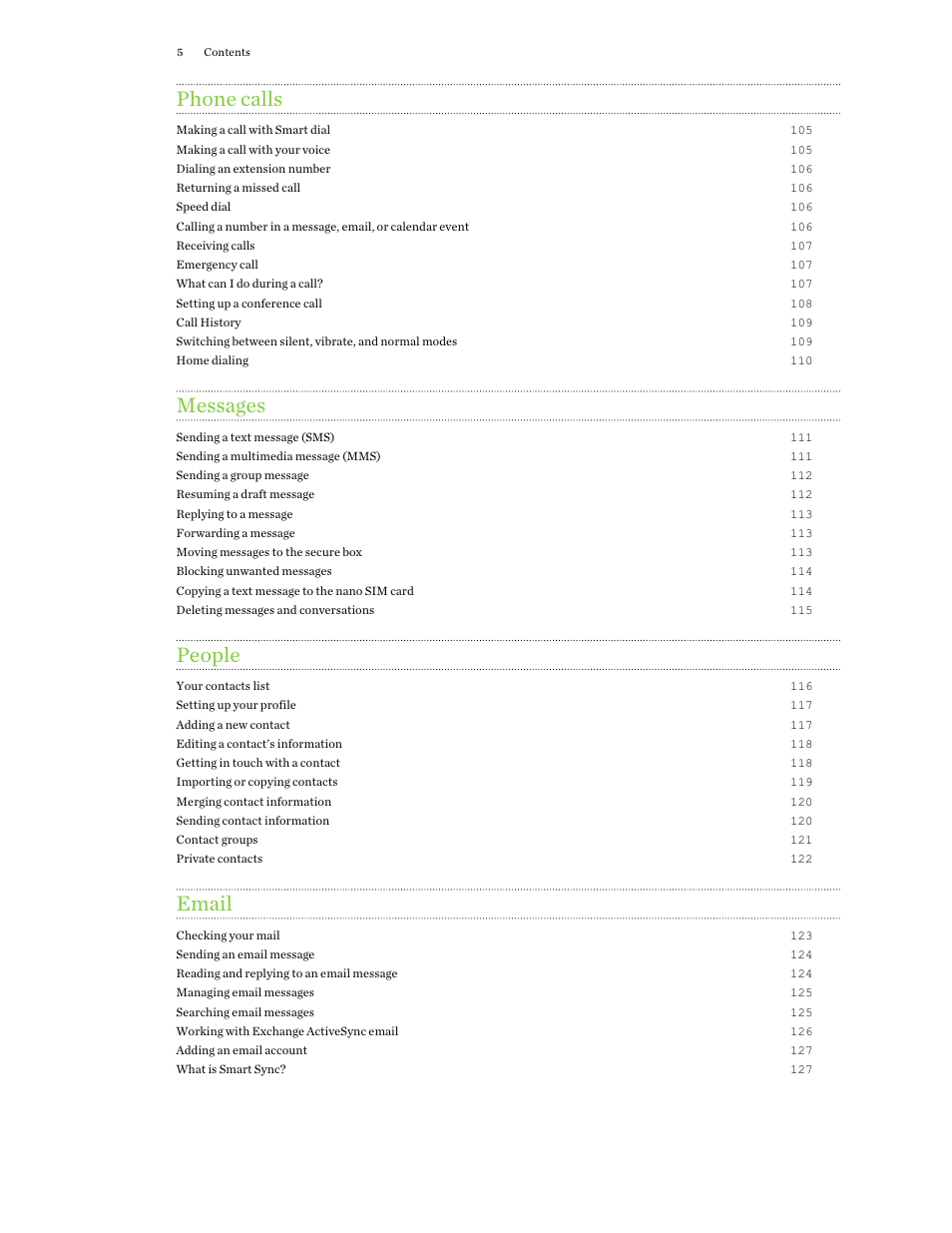 Phone calls, Messages, People | Email | HTC One X10 User Manual | Page 5 / 161