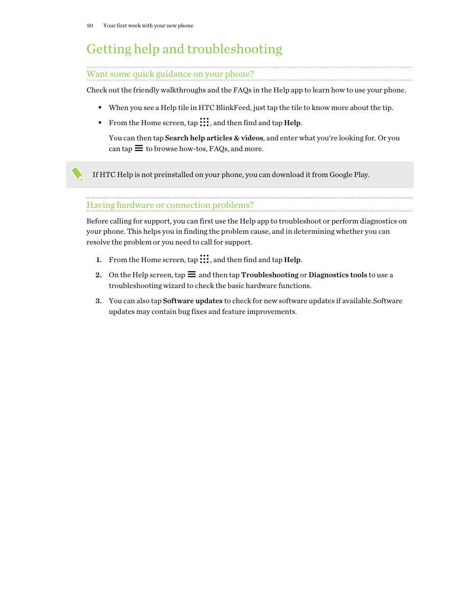 Getting help and troubleshooting, Want some quick guidance on your phone, Having hardware or connection problems | HTC One X10 User Manual | Page 50 / 161