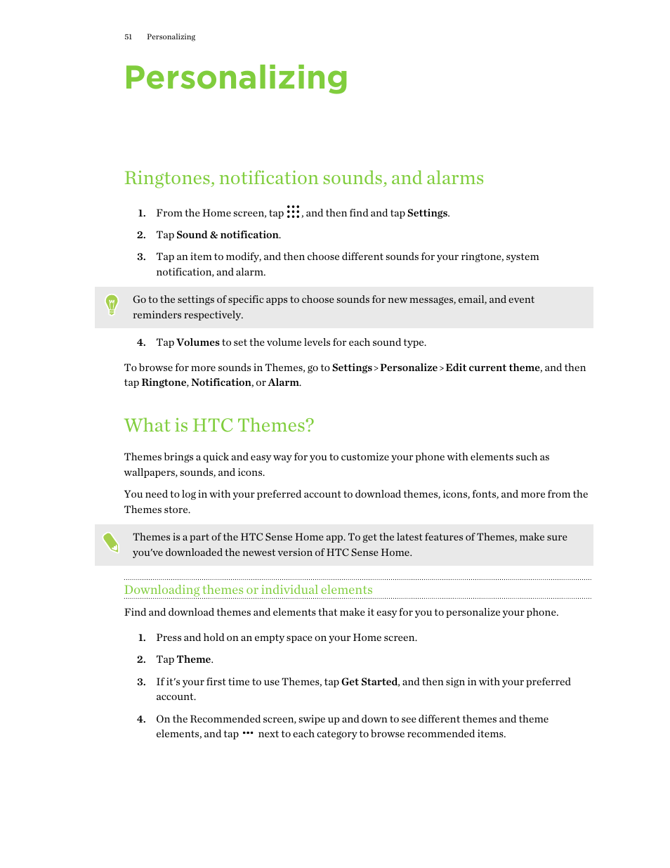 Personalizing, Ringtones, notification sounds, and alarms, What is htc themes | Downloading themes or individual elements | HTC One X10 User Manual | Page 51 / 161