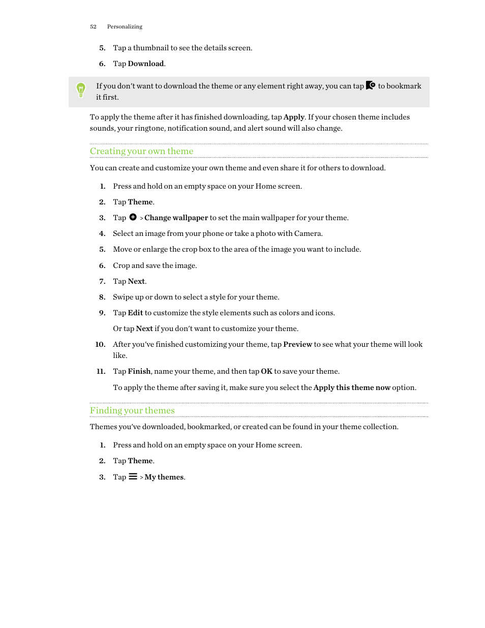 Creating your own theme, Finding your themes | HTC One X10 User Manual | Page 52 / 161