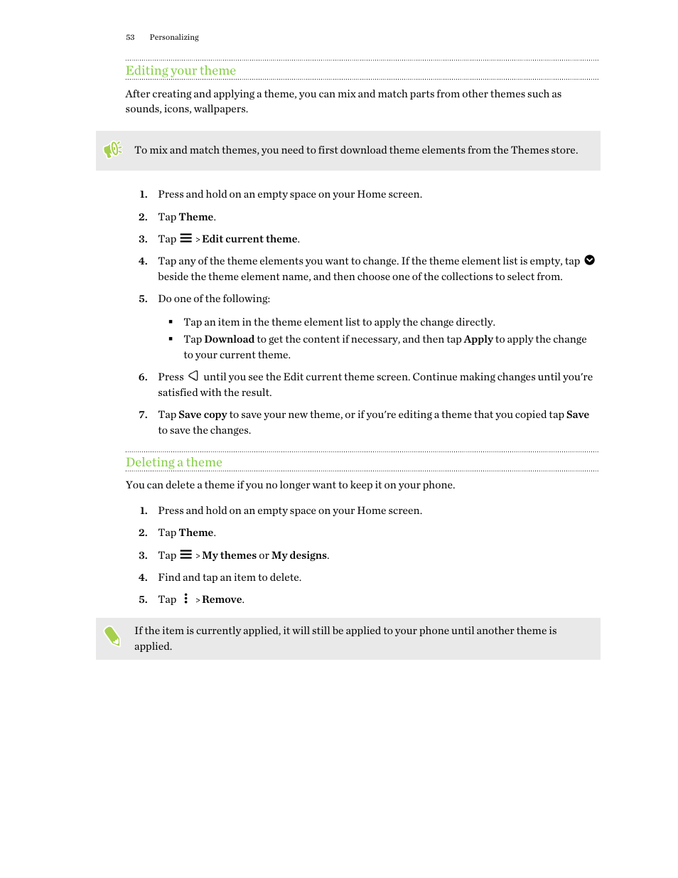 Editing your theme, Deleting a theme | HTC One X10 User Manual | Page 53 / 161