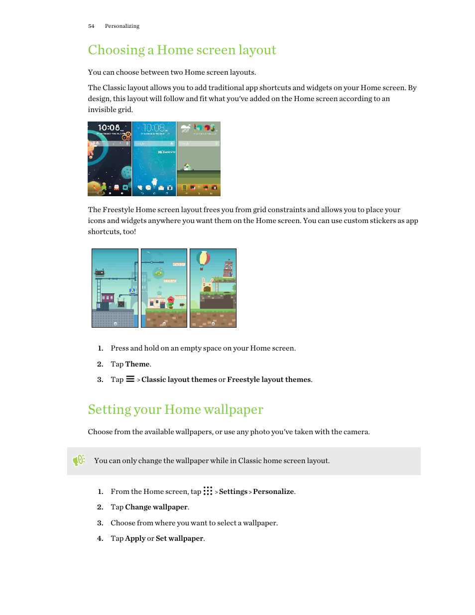 Choosing a home screen layout, Setting your home wallpaper | HTC One X10 User Manual | Page 54 / 161